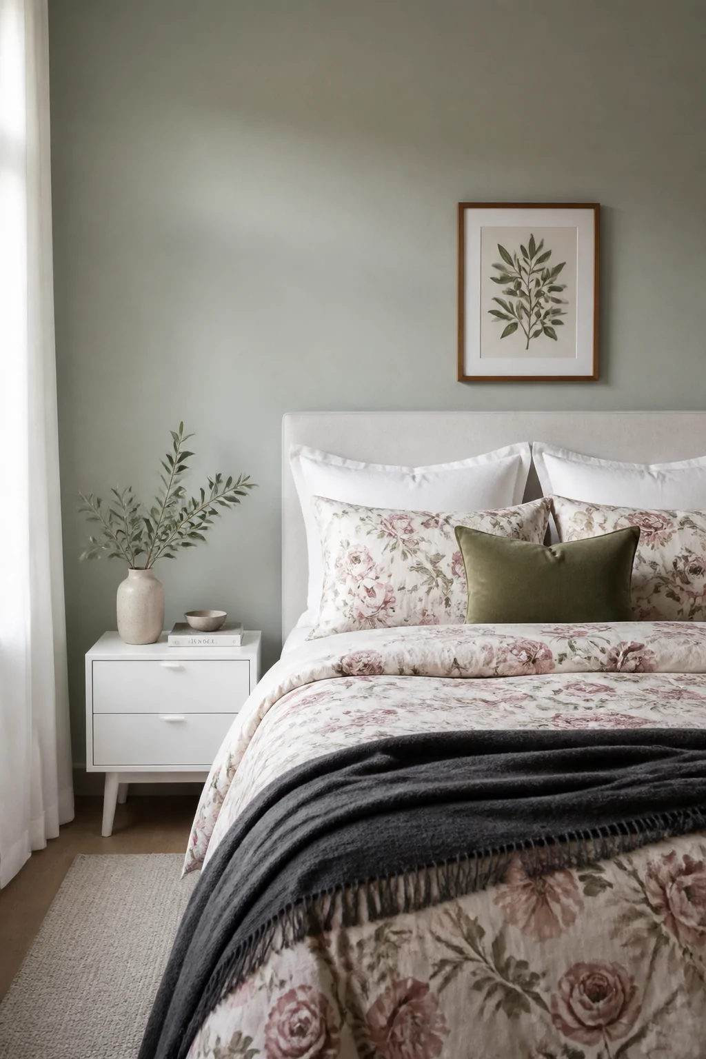 Medium shot of a neatly styled bed with a faded rose floral duvet layered with crisp white pillowcases and a folded charcoal 