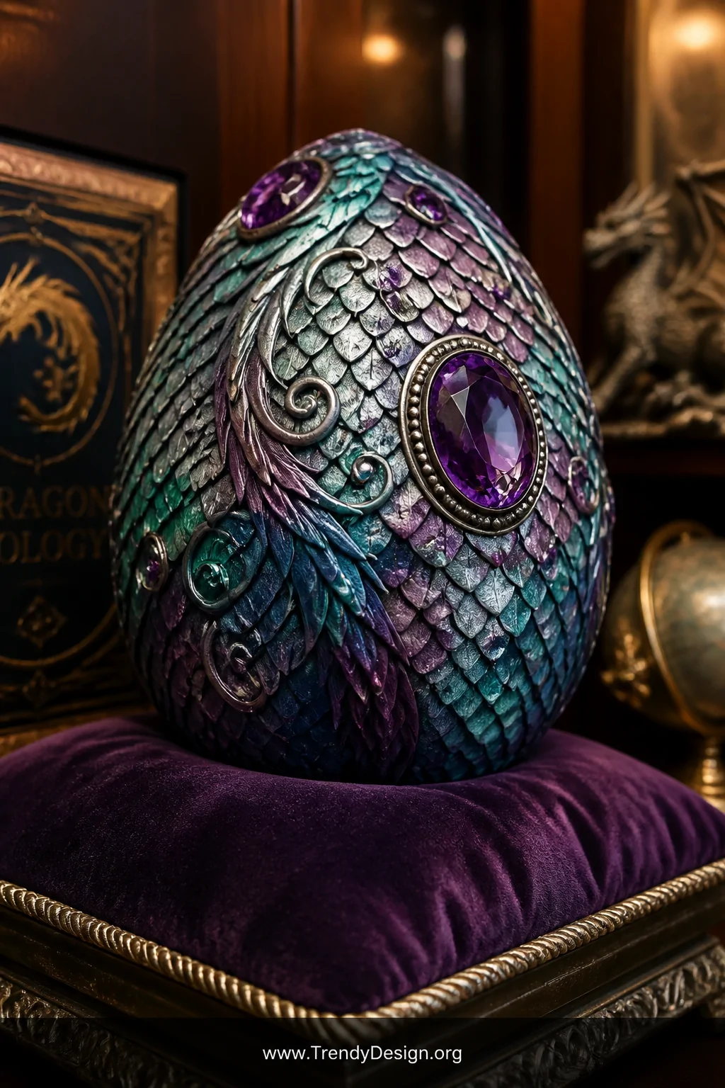 A detail shot of a handcrafted polymer clay dragon egg displaying individually sculpted and layered scales in swirling metall