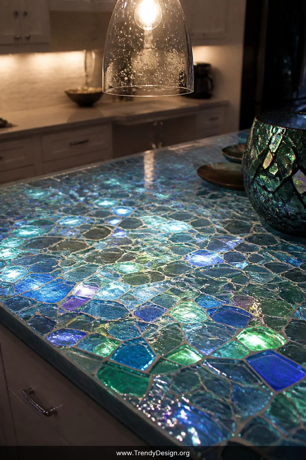 A closeup detail shot of a kitchen island countertop surfaced in iridescent glass mosaic tiles shimmering in jewel-like blues