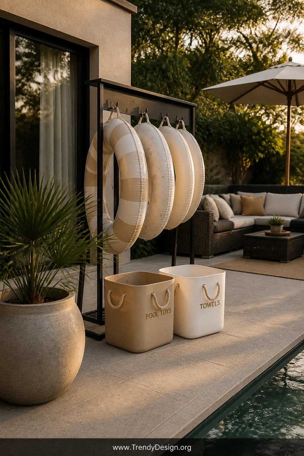 Wide-angle styled shot of a modern backyard patio featuring a sleek matte charcoal metal pool float rack alongside minimalist
