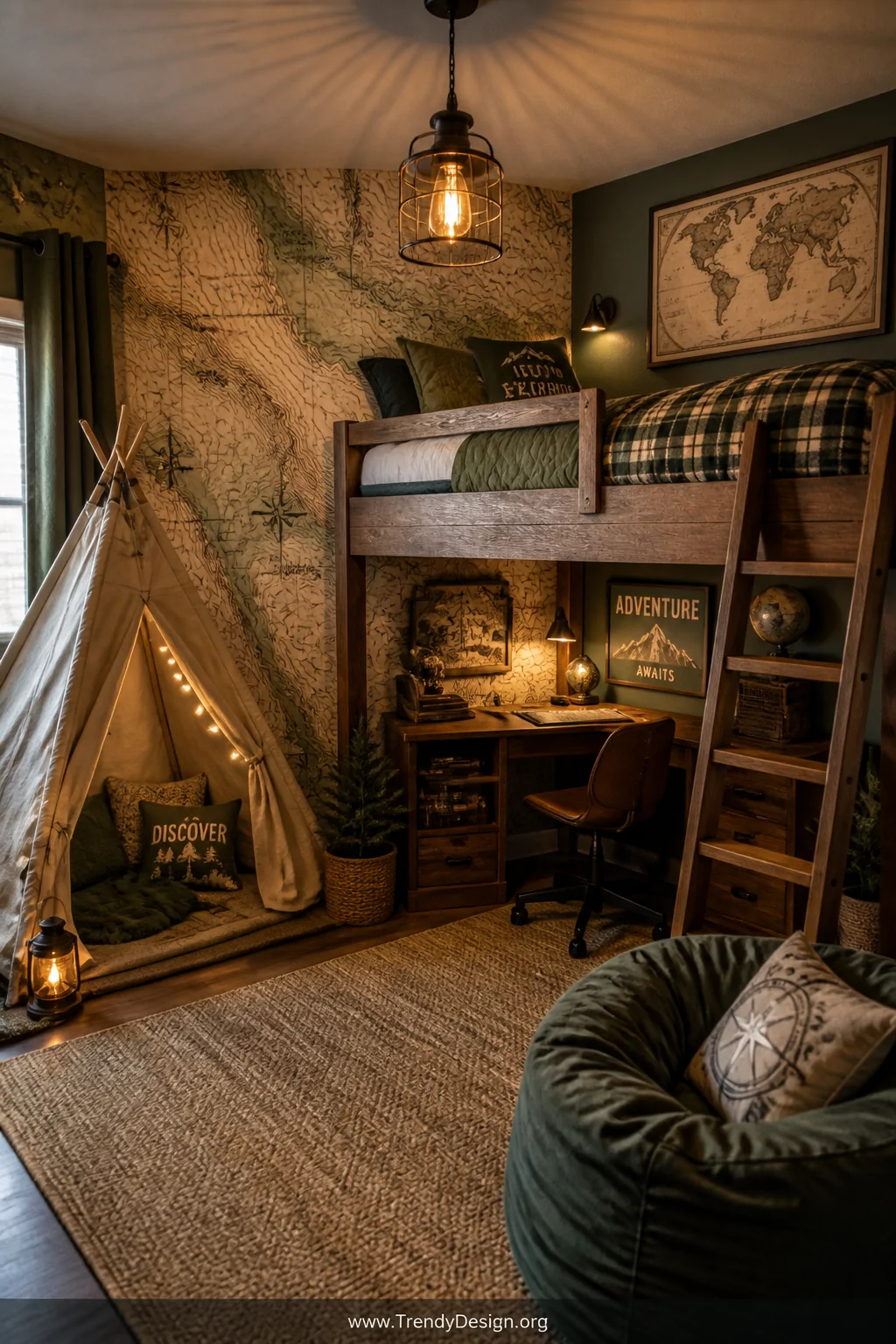 Wide-angle photorealistic shot of a boy's bedroom decorated as an outdoor explorer base camp, featuring a wooden loft bed, a 
