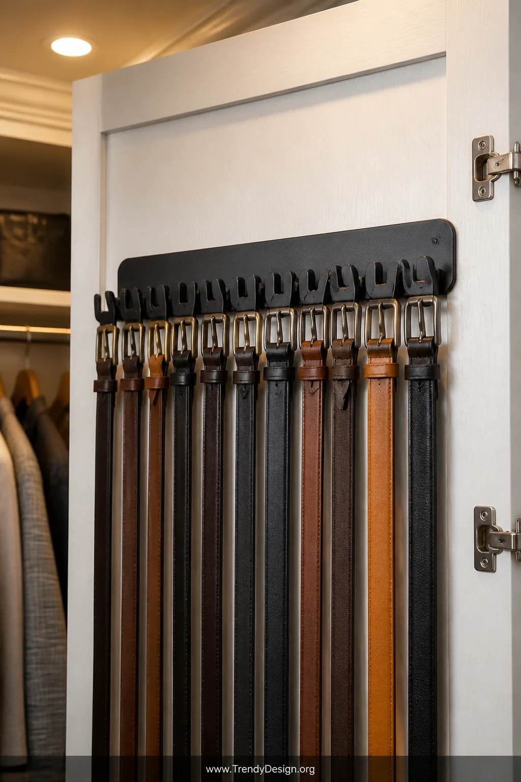 A close-up detail shot of a matte black swivel hook belt rack mounted inside a white painted closet door, holding 15 neatly a