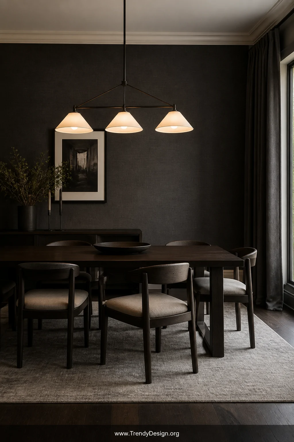 A sophisticated dining room with rich charcoal linen fabric stretched and stapled across an entire wall with neatly finished 