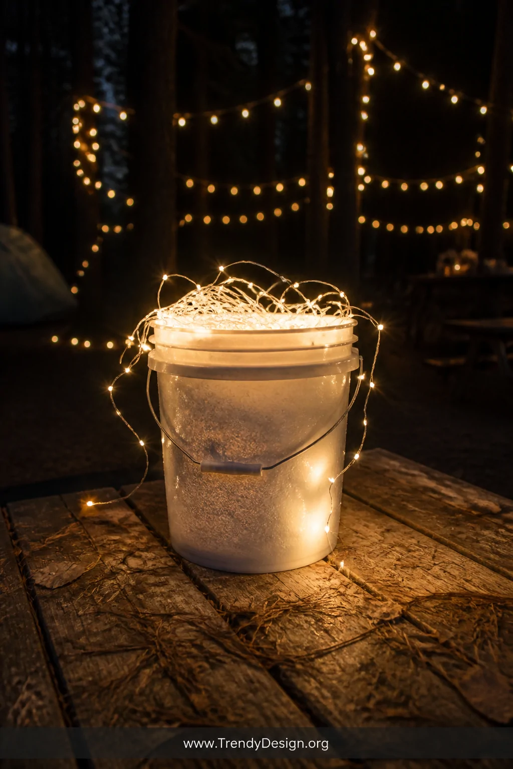 A wide campsite night scene showing a frosted white five-gallon bucket overflowing with loosely arranged warm white LED strin