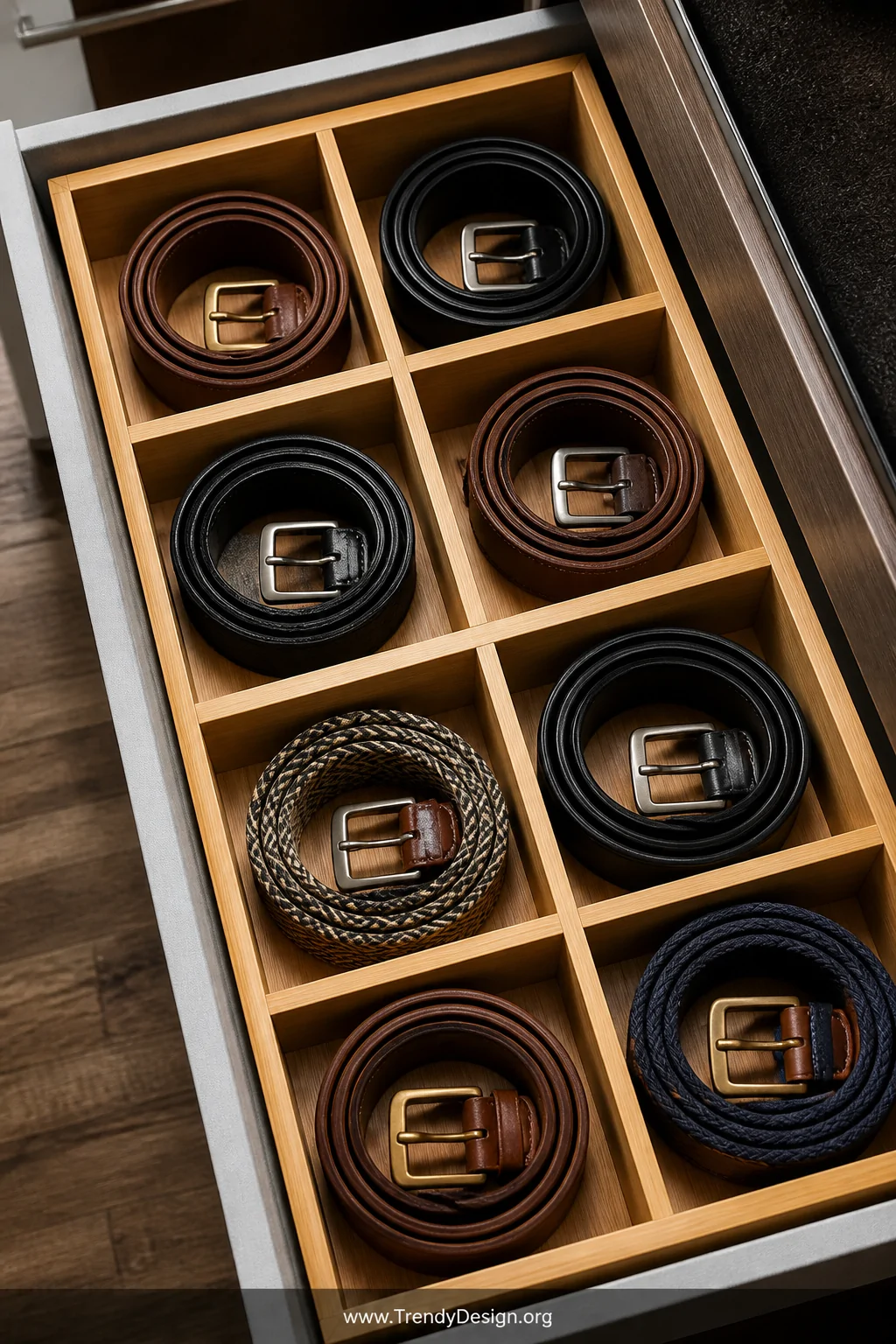 A top-down detail shot of an open drawer with a natural bamboo organizer insert divided into neat rectangular cells, each cel