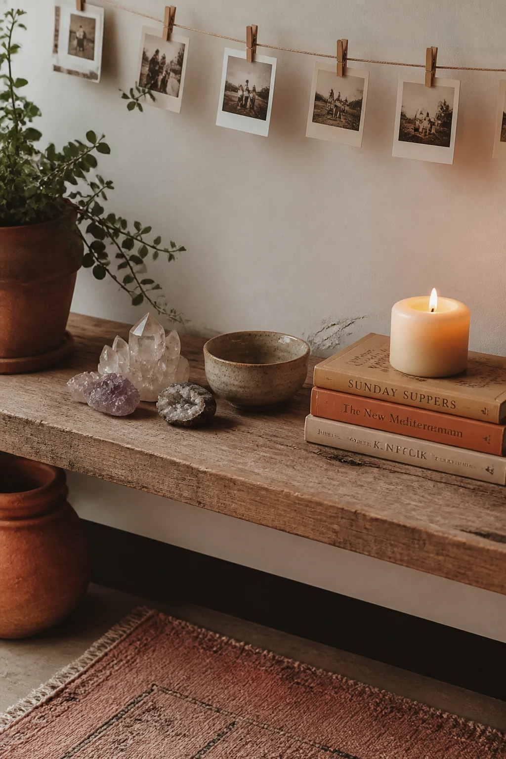 Closeup photorealistic detail shot of a reclaimed wood bedroom shelf styled with a cluster of raw crystals, a small handmade 