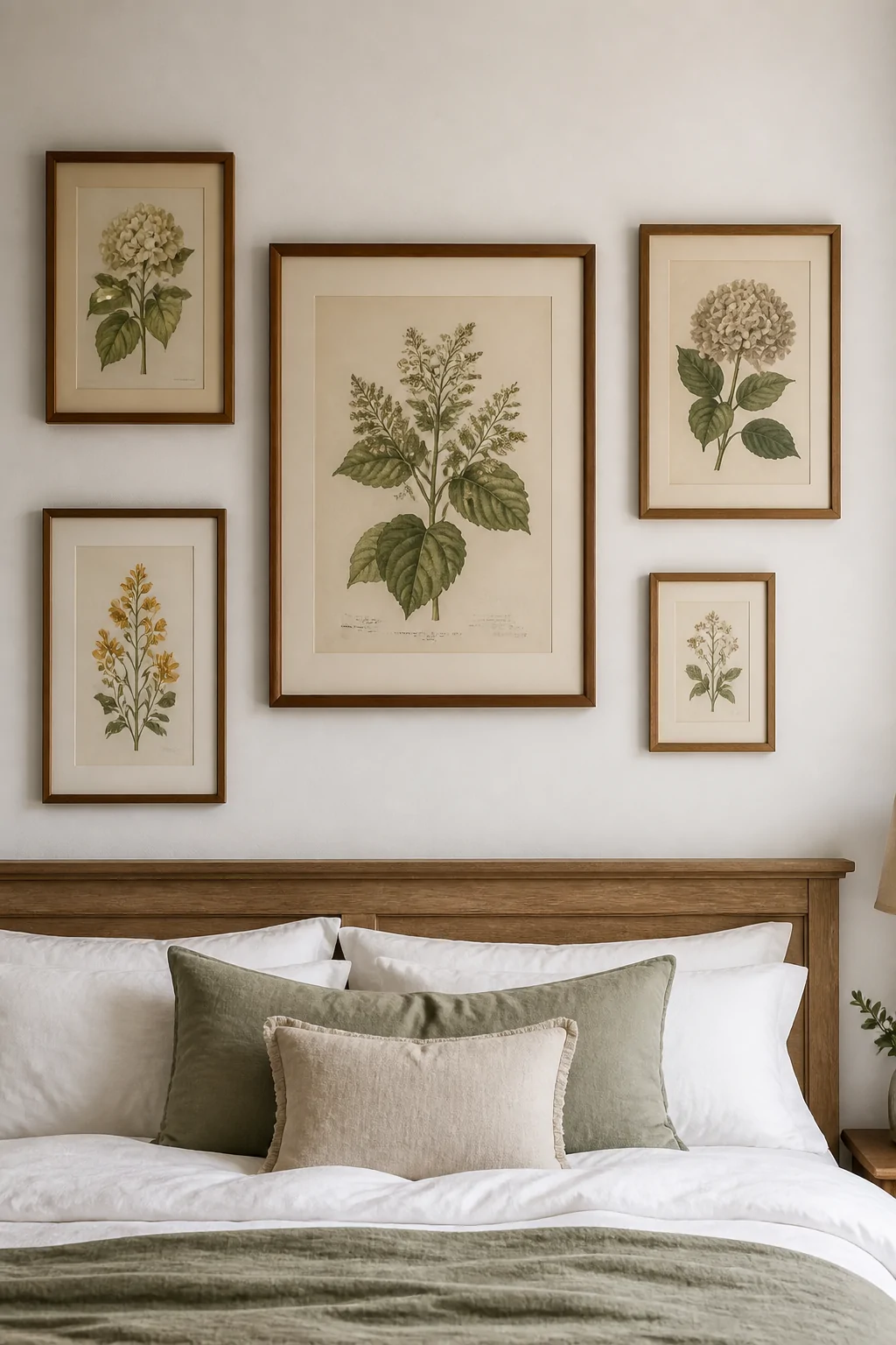 Medium shot of a gallery wall above a bedroom headboard featuring three to five vintage botanical prints and watercolor flora