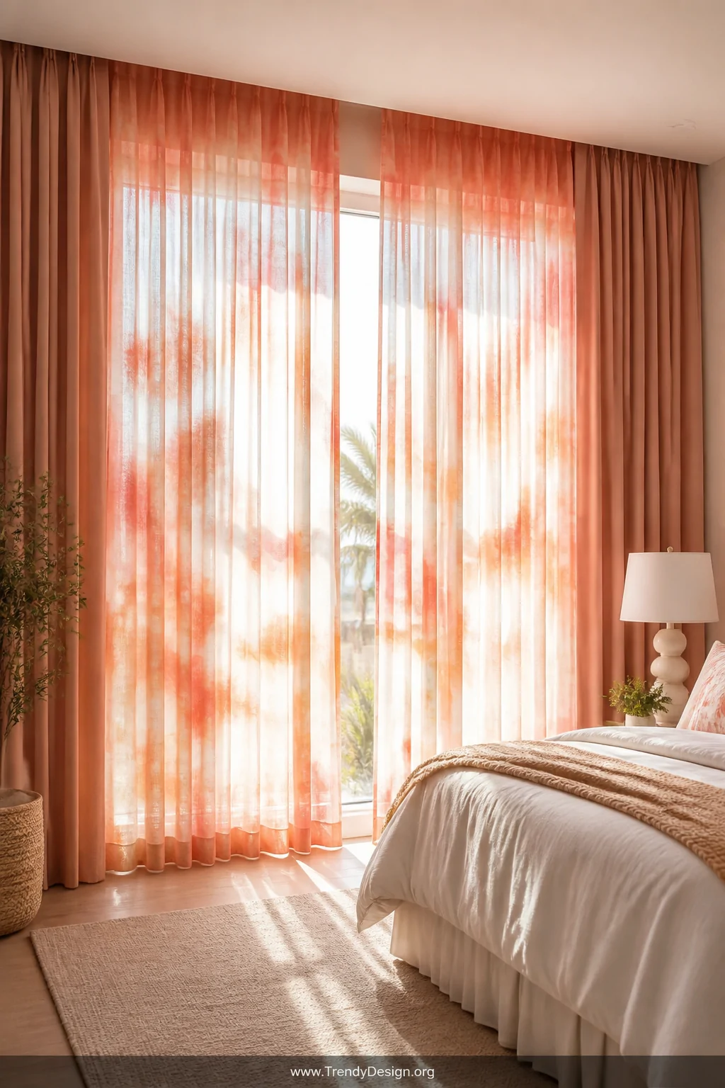 Wide shot of floor-to-ceiling sheer tie dye curtains in peach, soft yellow, and coral filtering brilliant morning sunlight in
