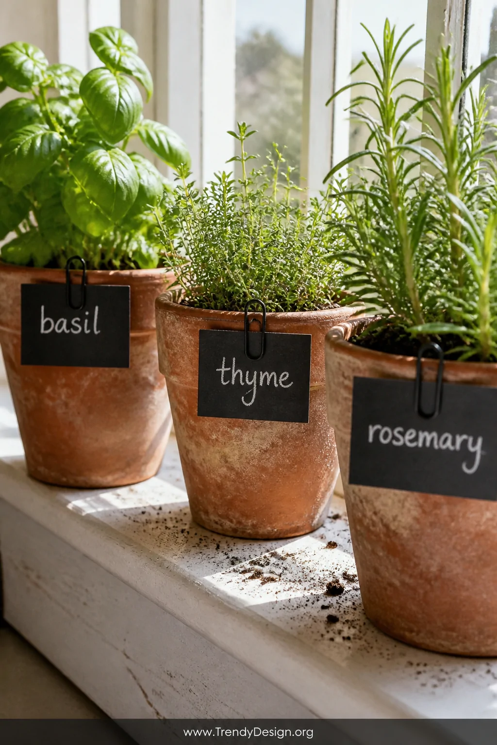Close-up detail shot of a terracotta herb pot cluster on a sun-drenched kitchen windowsill, each pot rimmed with a small chal