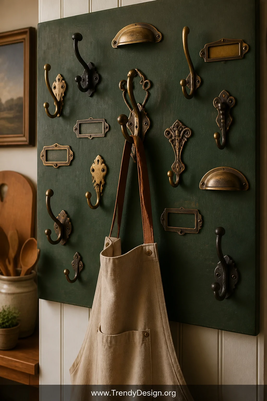 Close-up detail shot of a cluster of mismatched vintage brass and cast iron hooks mounted on a small wooden board painted in 