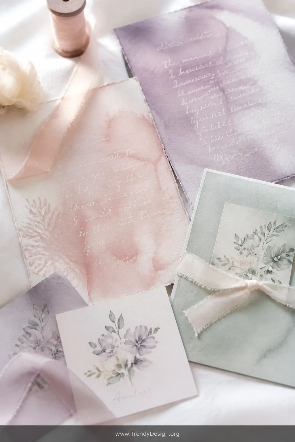 A detail closeup of a flat lay arrangement on a white linen surface featuring soft blush pink, dusty mint, and faded lavender