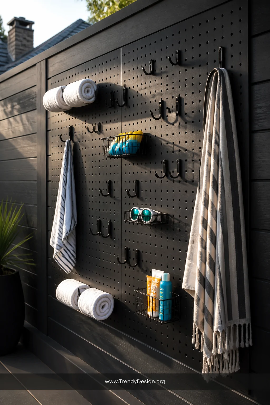 Wide dramatic shot of a large dark charcoal-painted weather-sealed pegboard panel mounted flush on a modern exterior fence wa