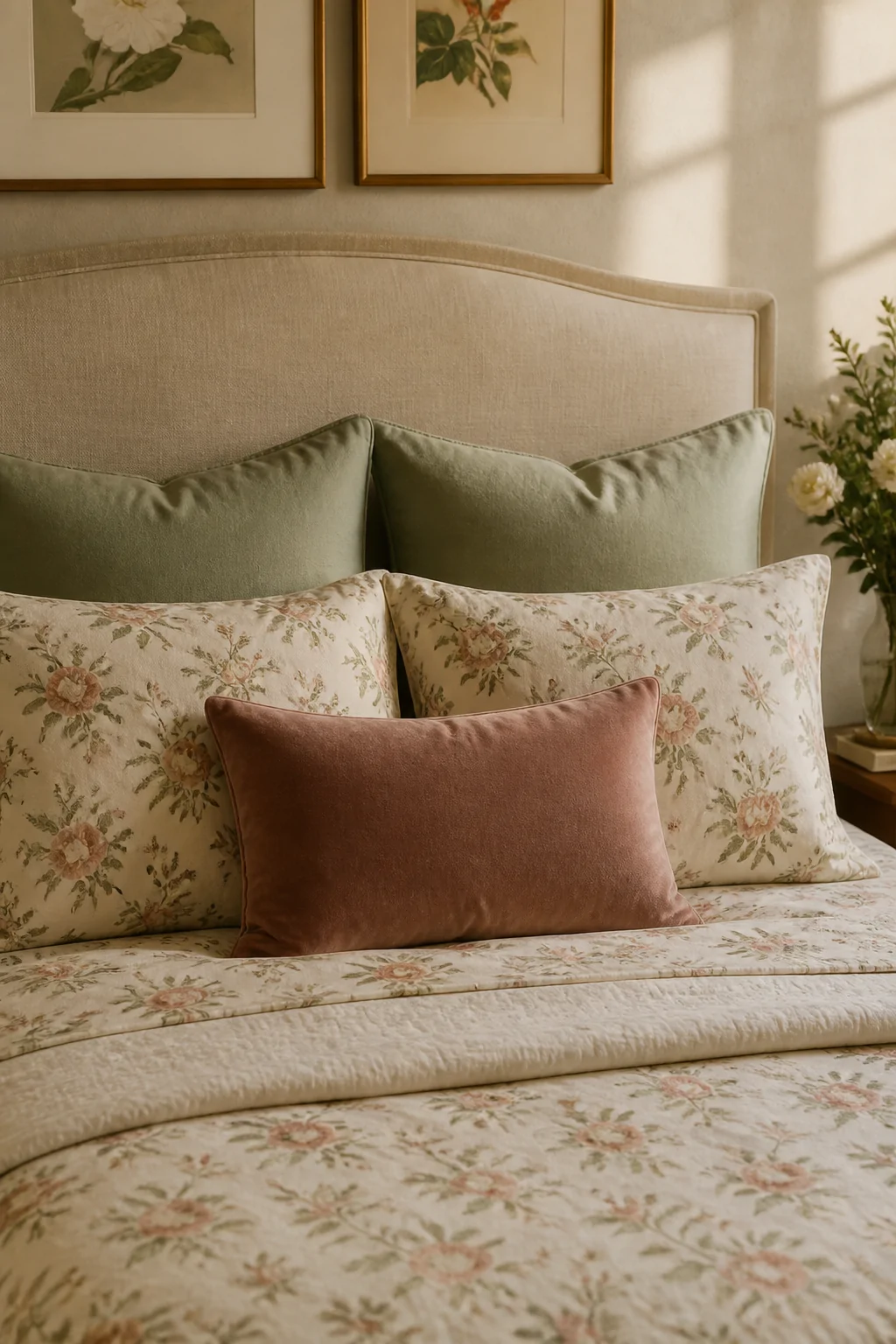 Medium close-up shot of an expertly layered pillow arrangement on a floral bedroom bed, showing two large solid sage Euro sha