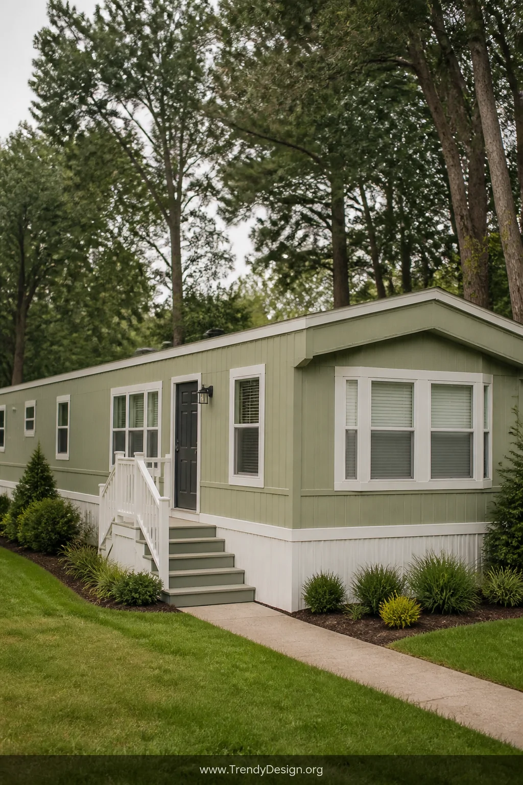 A wide exterior shot of a mobile home painted in a cohesive color story of warm sage green body siding, crisp creamy white tr