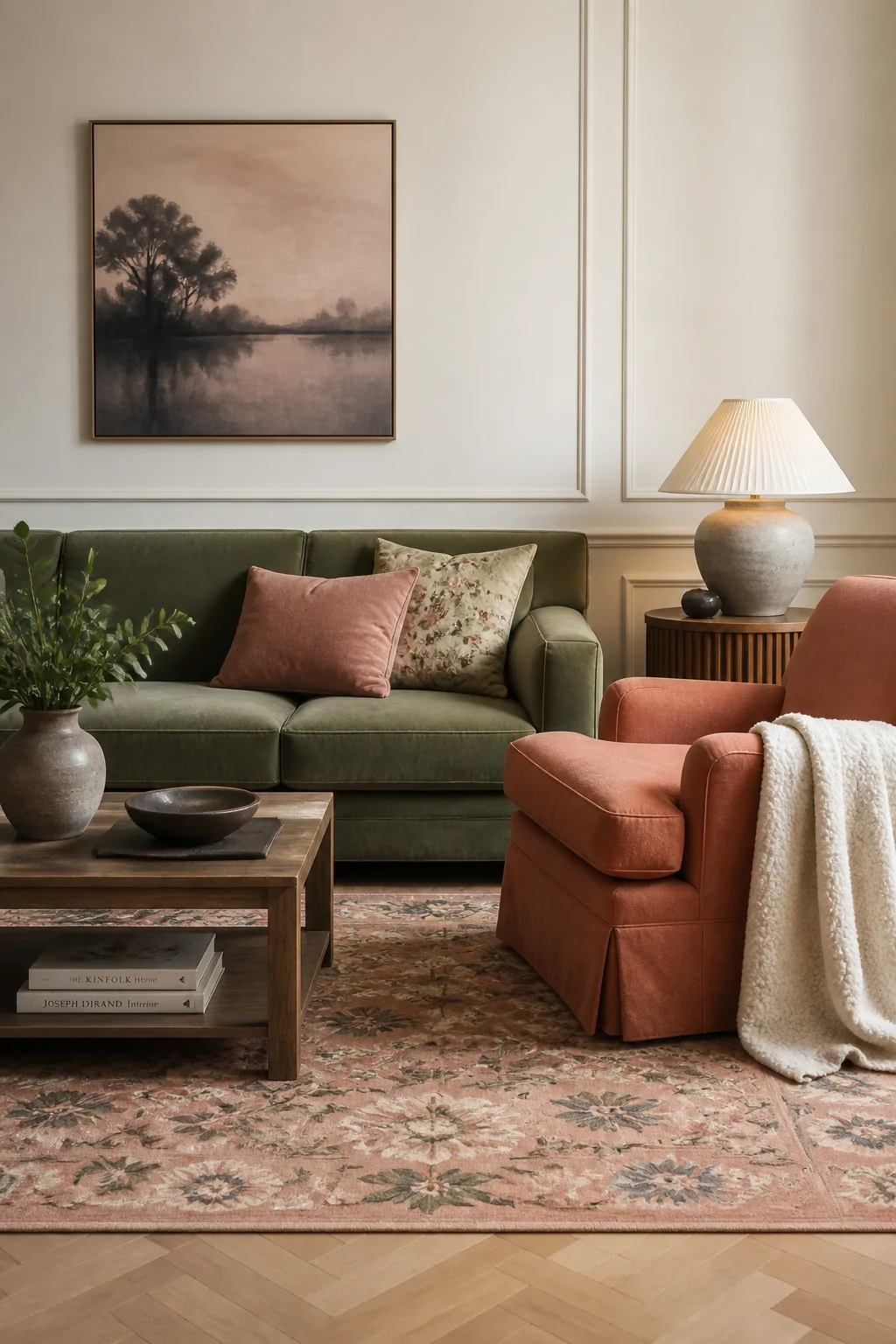 A medium-wide photorealistic living room shot featuring a dusty sage green velvet sofa and a muted terracotta linen armchair 