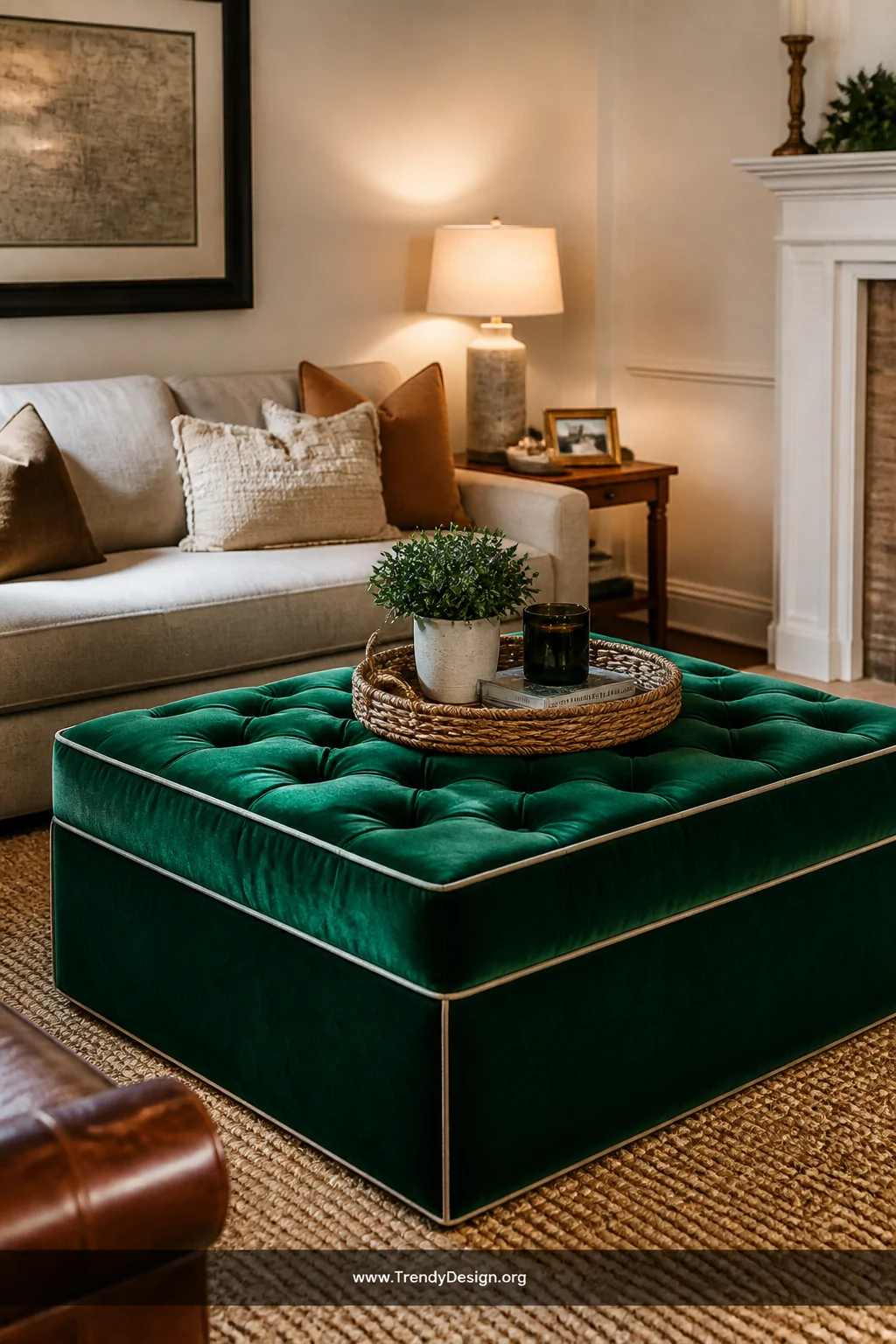 A wide living room shot of a tufted square ottoman completely transformed with a fitted deep emerald green velvet slipcover w
