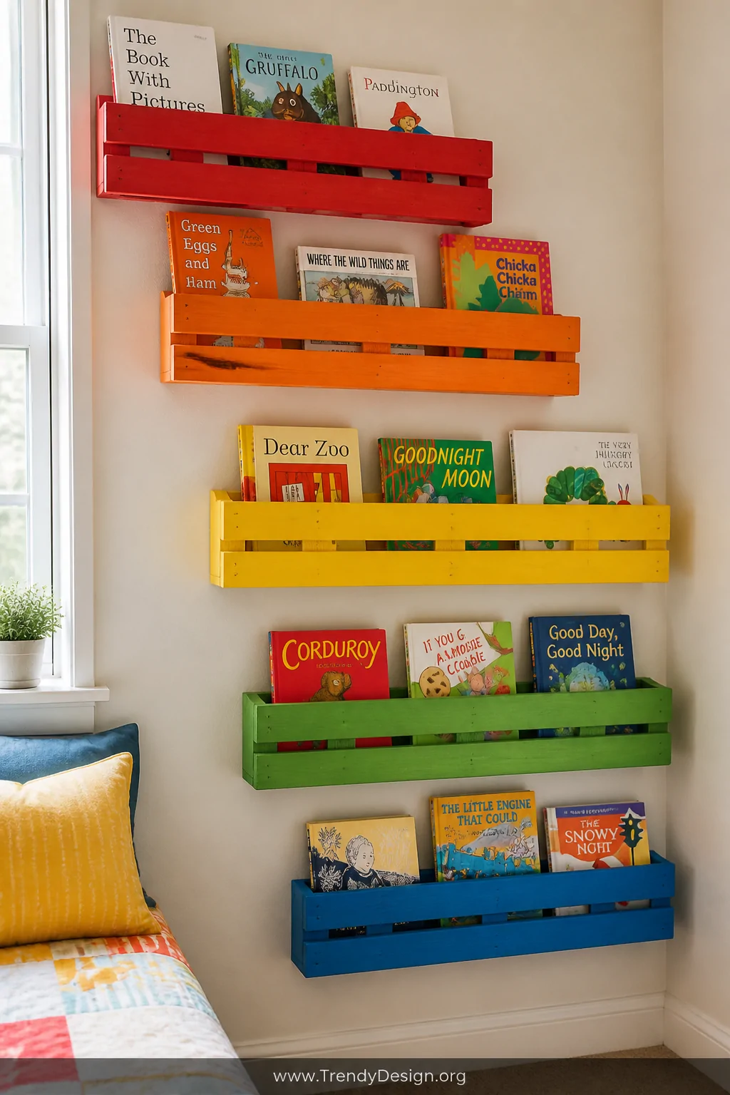 Medium shot of a staggered wall-mounted pallet bookshelf display in a children's room, each horizontal shelf ledge painted a 