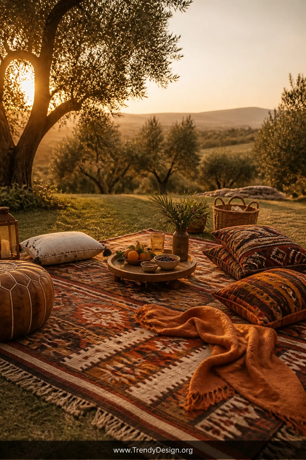 A wide atmospheric shot of an outdoor picnic setup on grass using a layered Moroccan kilim-style flat weave rug in warm geome