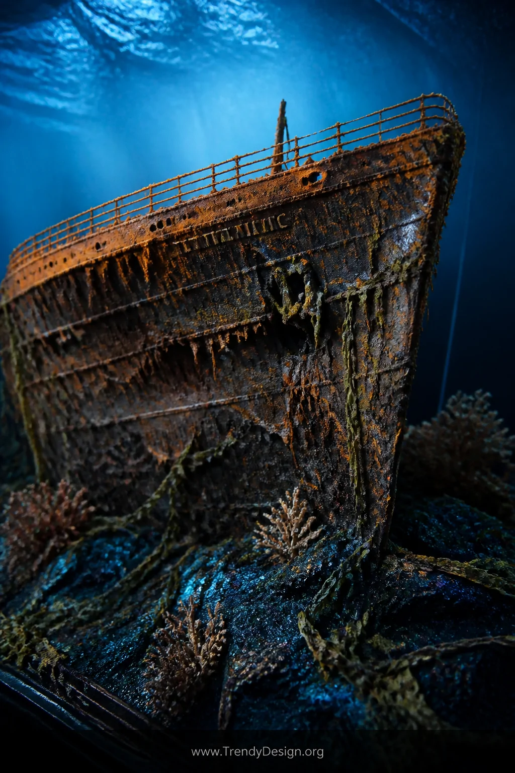 A wide atmospheric shot of an underwater Titanic wreck diorama resting on a dark navy and black resin seafloor base, the brok