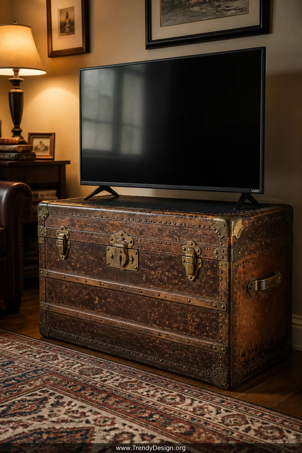 A medium shot of a weathered vintage leather trunk with ornate brass hardware used as a rustic TV base, a flatscreen TV sitti