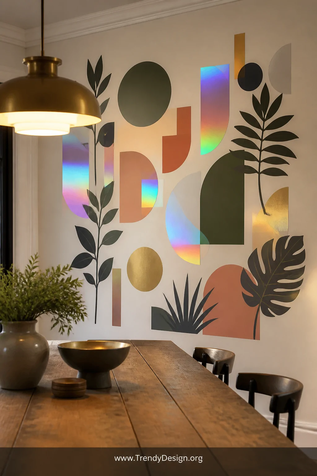Wide-angle photorealistic shot of a dining room gallery wall covered in an arrangement of custom-cut geometric shapes and bot