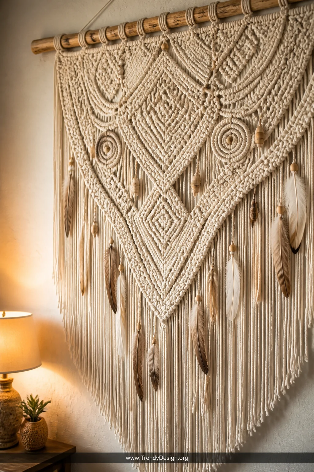 Detail shot of an oversized natural cotton macramé wall hanging mounted on a raw wooden dowel, featuring intricate square kno