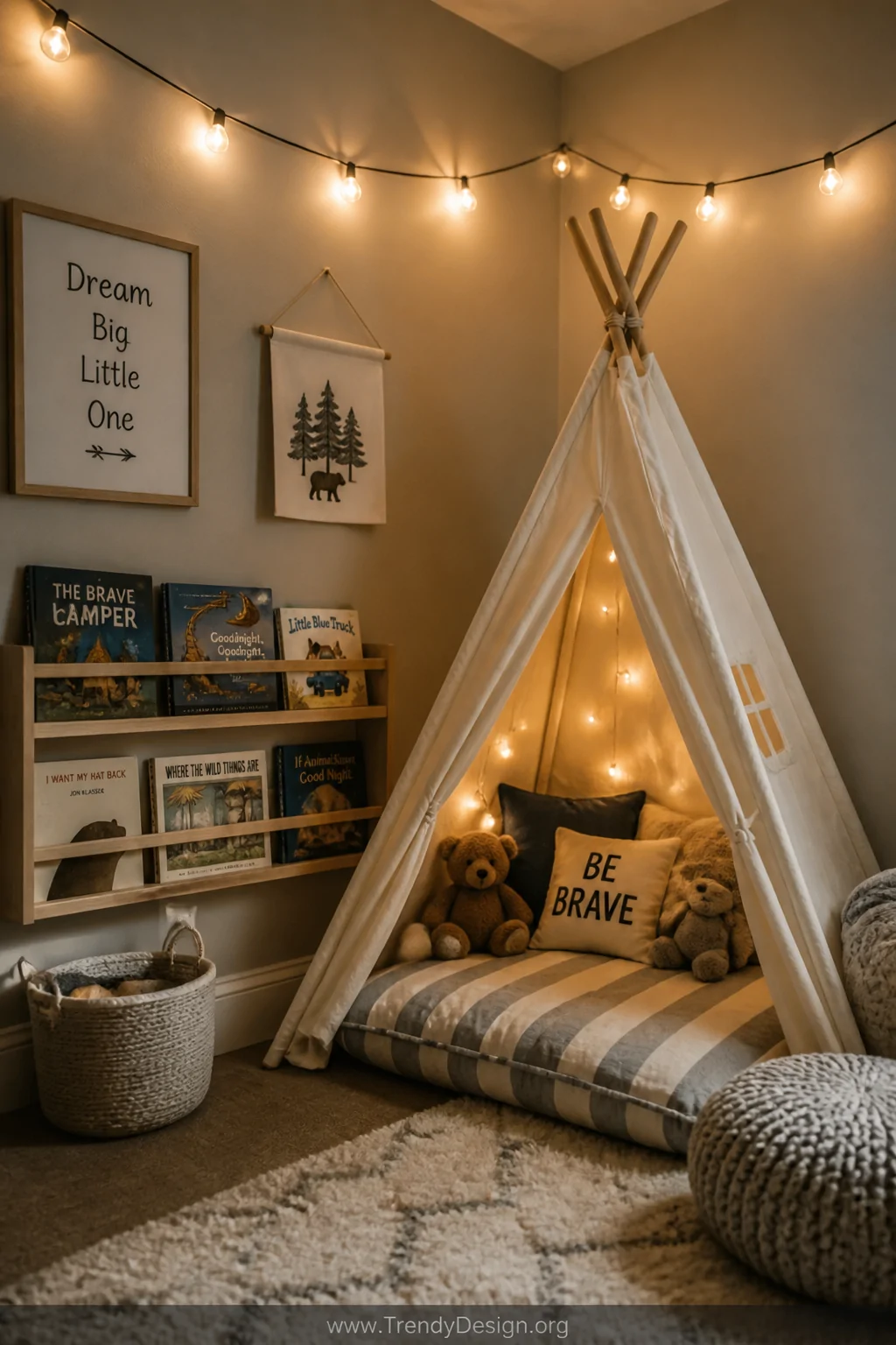Medium shot of a cozy reading nook in a toddler boy room centered around a white canvas teepee tent, a plump floor cushion in