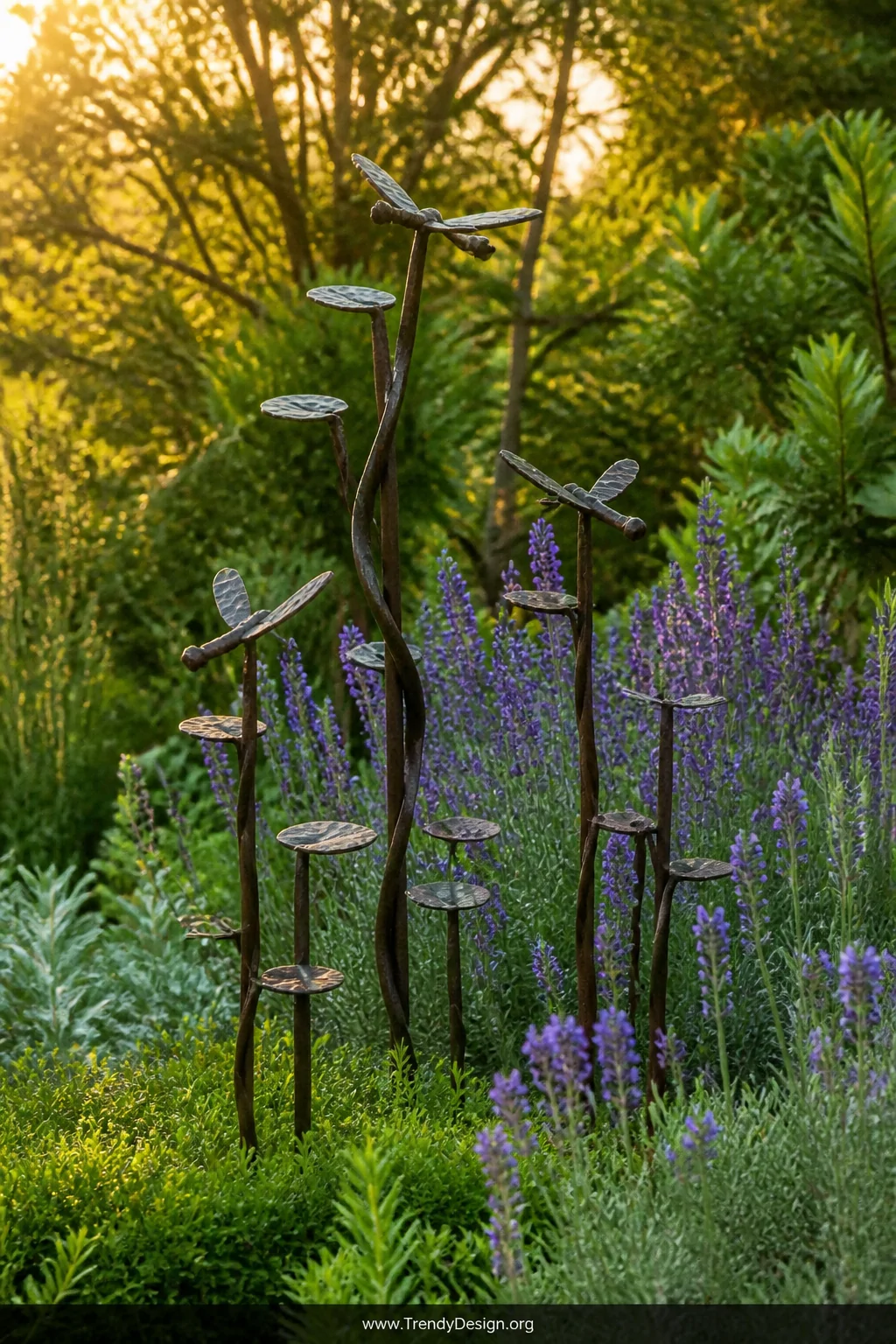 Wide outdoor garden shot at golden hour showing a lush green garden bed anchored by a grouping of forged railroad spike garde
