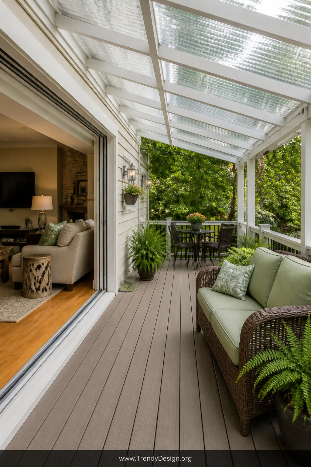 A wide-angle photorealistic shot of a lean-to clear polycarbonate roof sloping away from a cream-painted home exterior wall, 