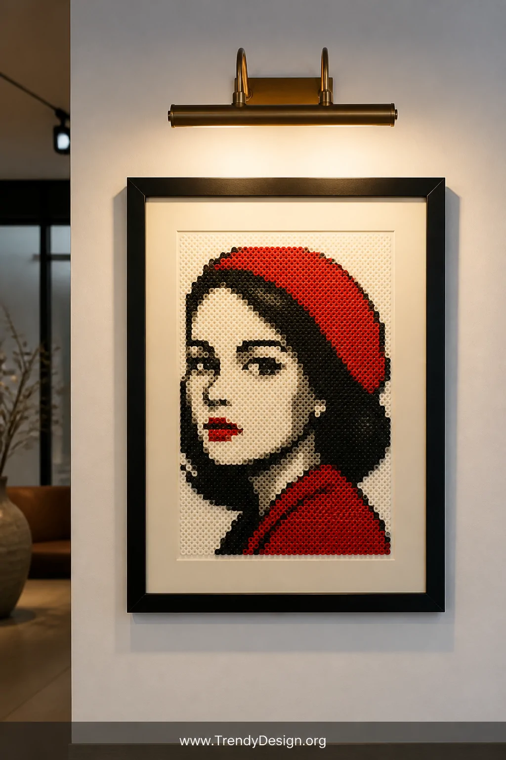 A medium shot of a framed Perler bead pixel art portrait displayed on a white gallery wall in a simple black frame, the limit