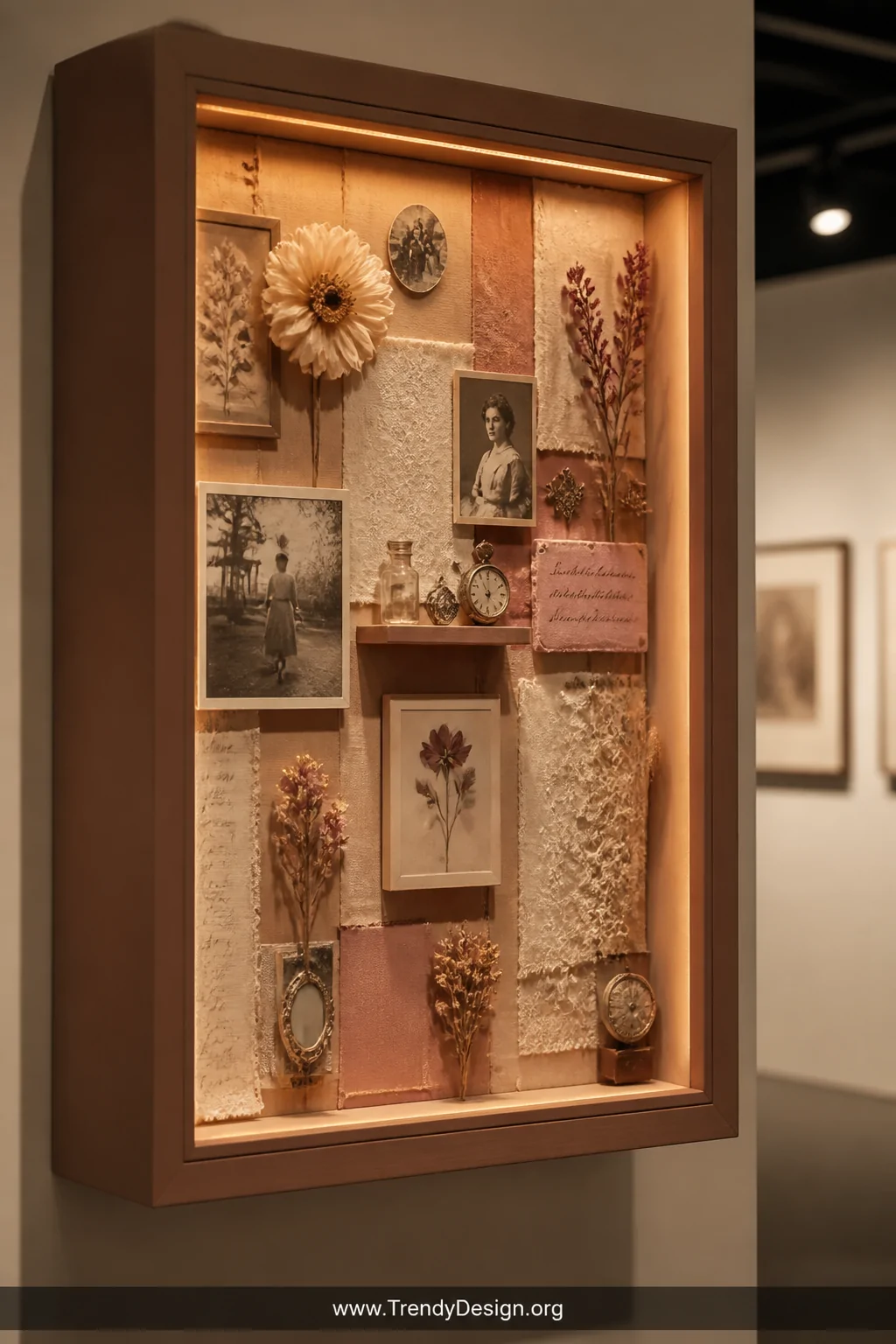 A medium shot of a deep shadow box frame mounted on a gallery wall, at least four inches deep, interior layered with vintage 