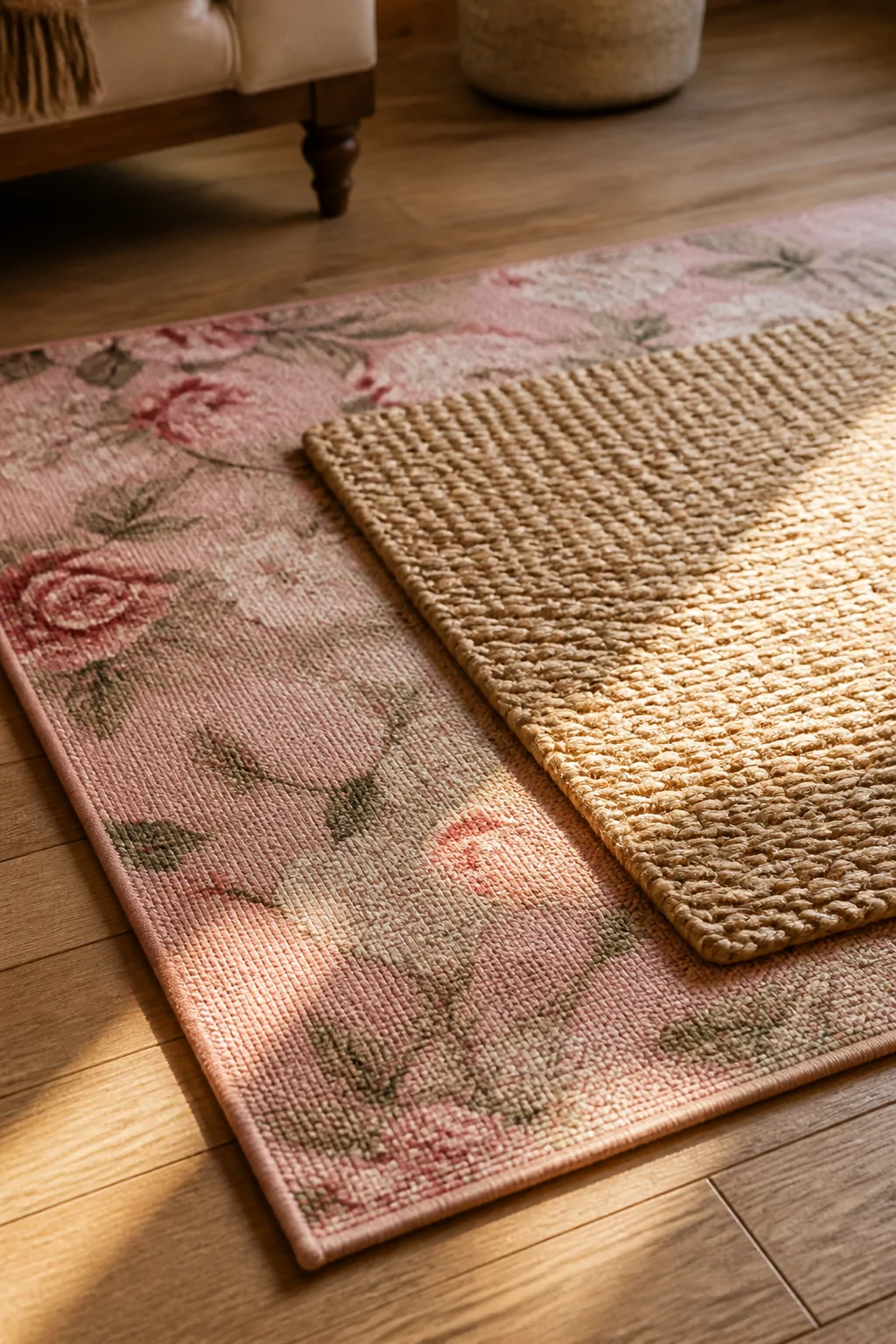 A closeup detail shot of two layered rugs on a hardwood floor, a large pink floral rug as the base with a smaller natural jut