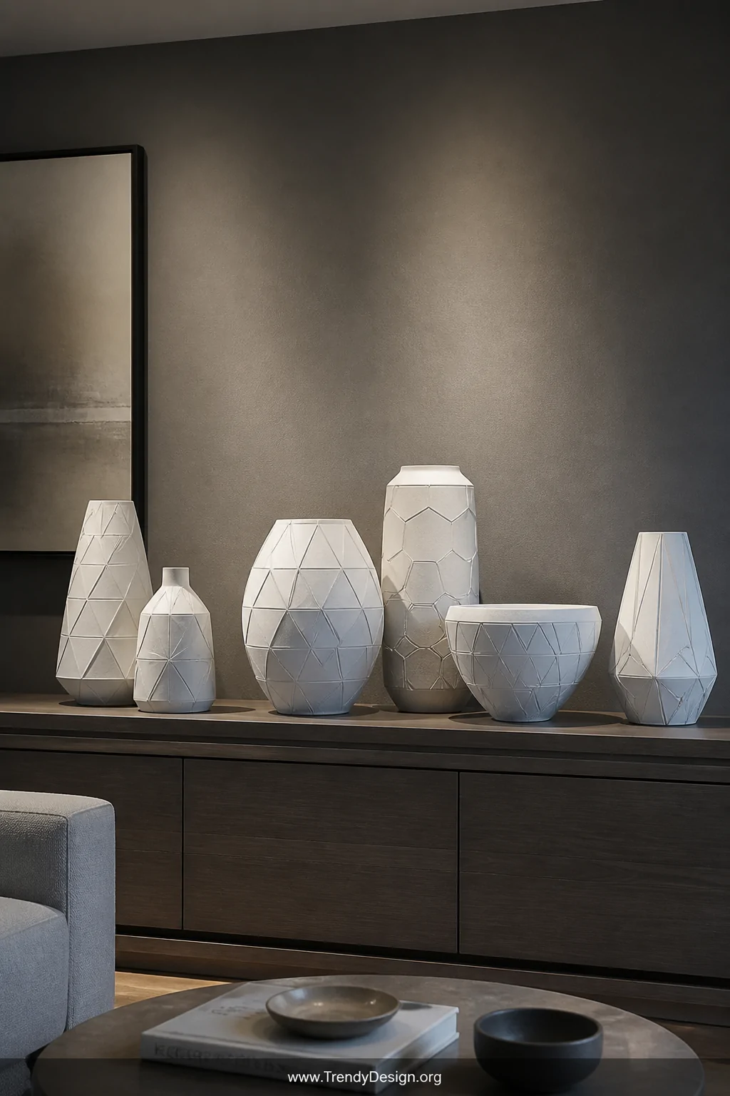A wide shot of a minimalist modern living room shelf styled with a collection of matte white ceramic vases and bowls featurin