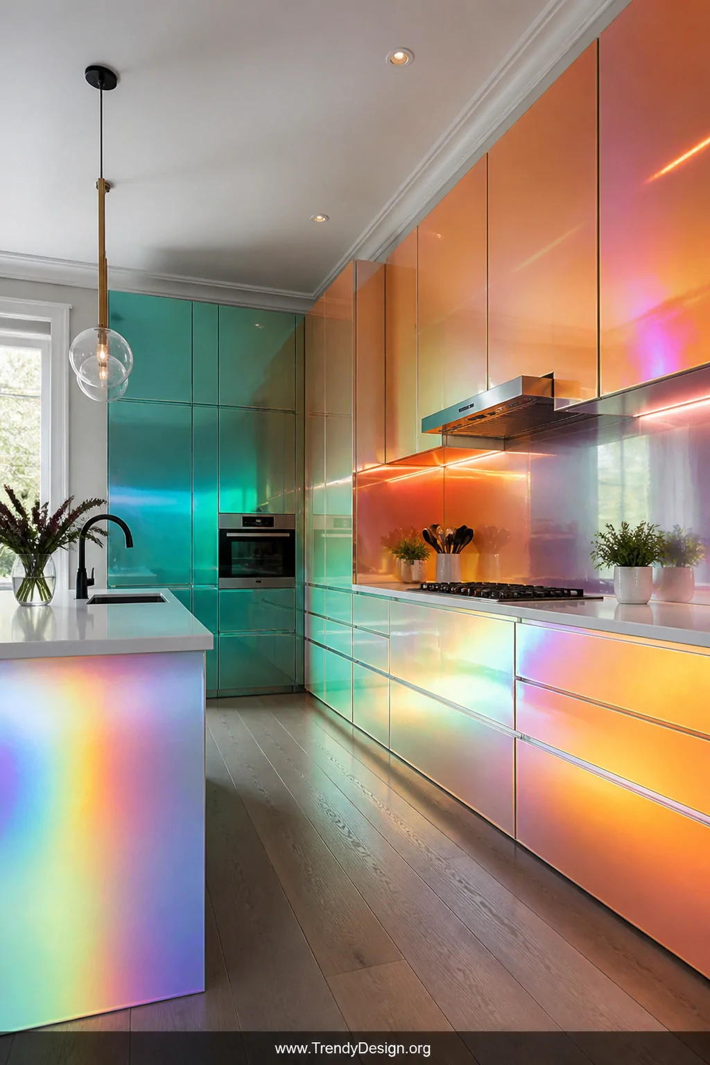Medium-wide photorealistic shot of a modern kitchen with flat-panel cabinet doors and drawer fronts wrapped in iridescent and