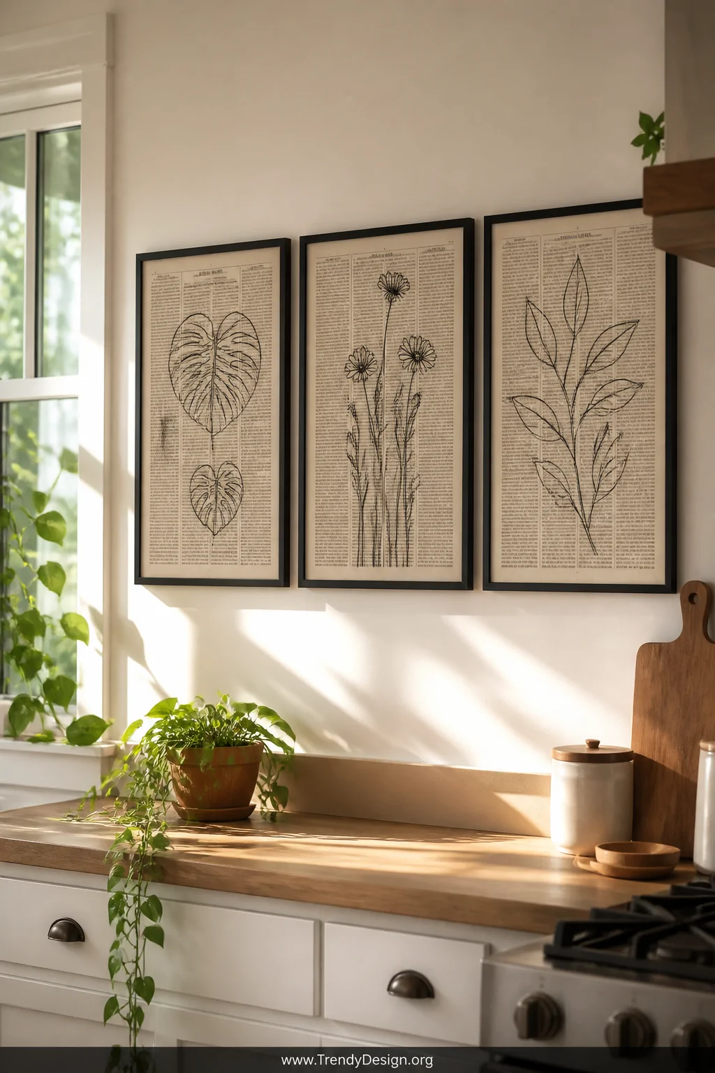A medium shot of a sunlit kitchen wall displaying a trio of identical black frames arranged as a gallery grouping, each conta
