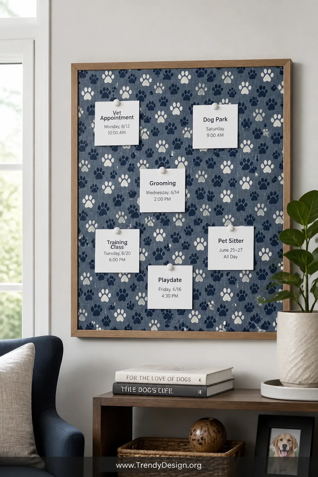A medium shot of a bulletin board completely covered in taut paw print patterned fabric in muted navy and cream tones matchin