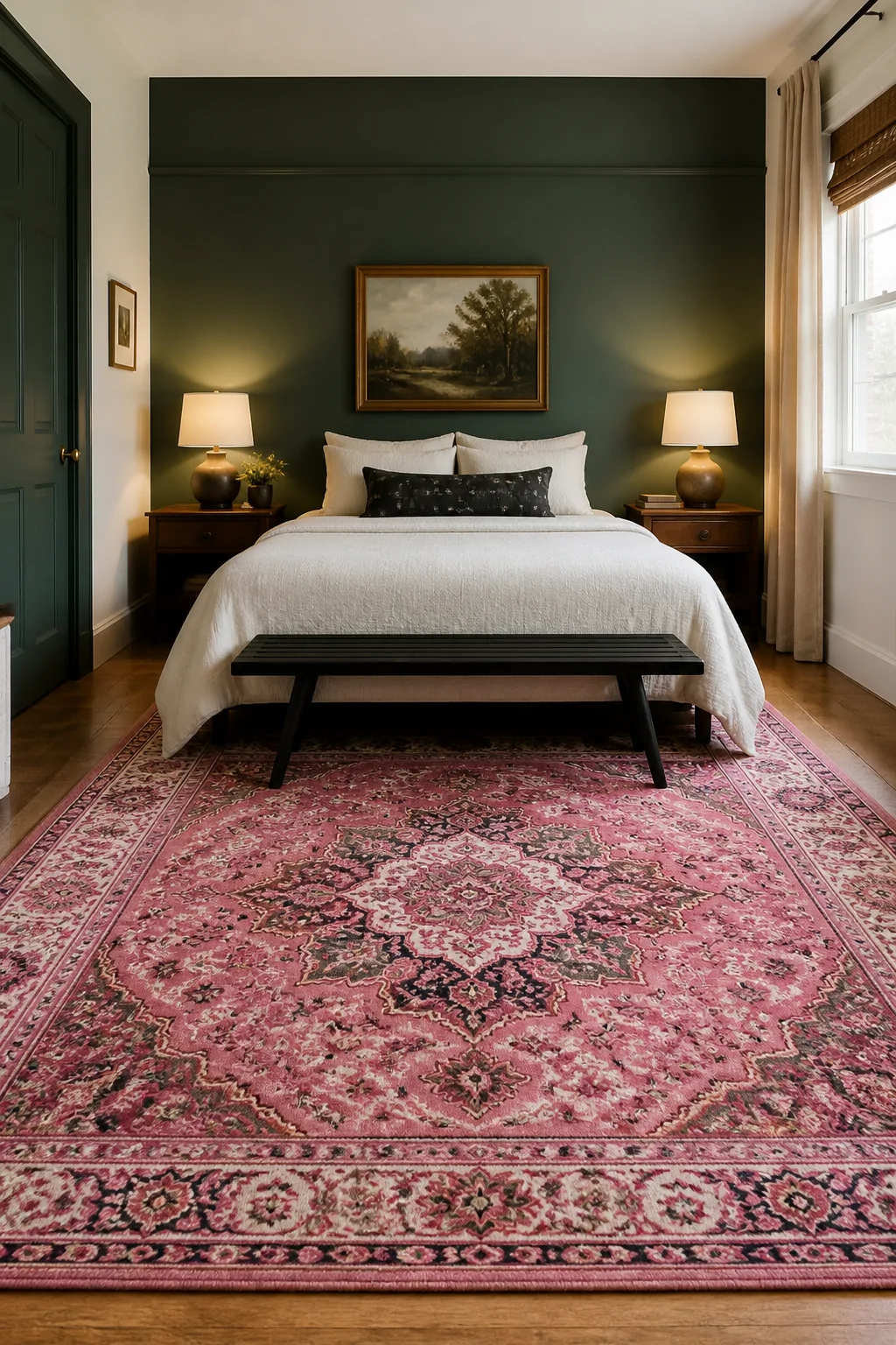Wide photorealistic shot of a small bedroom with a deep dusty sage green accent wall behind the bed, an ornate pink Persian r