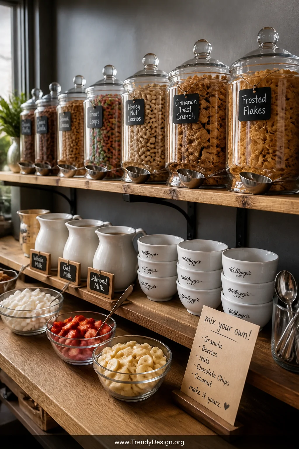 Wide shot of a long wooden shelf lined with tall clear glass apothecary jars filled with colorful cereals including Frosted F