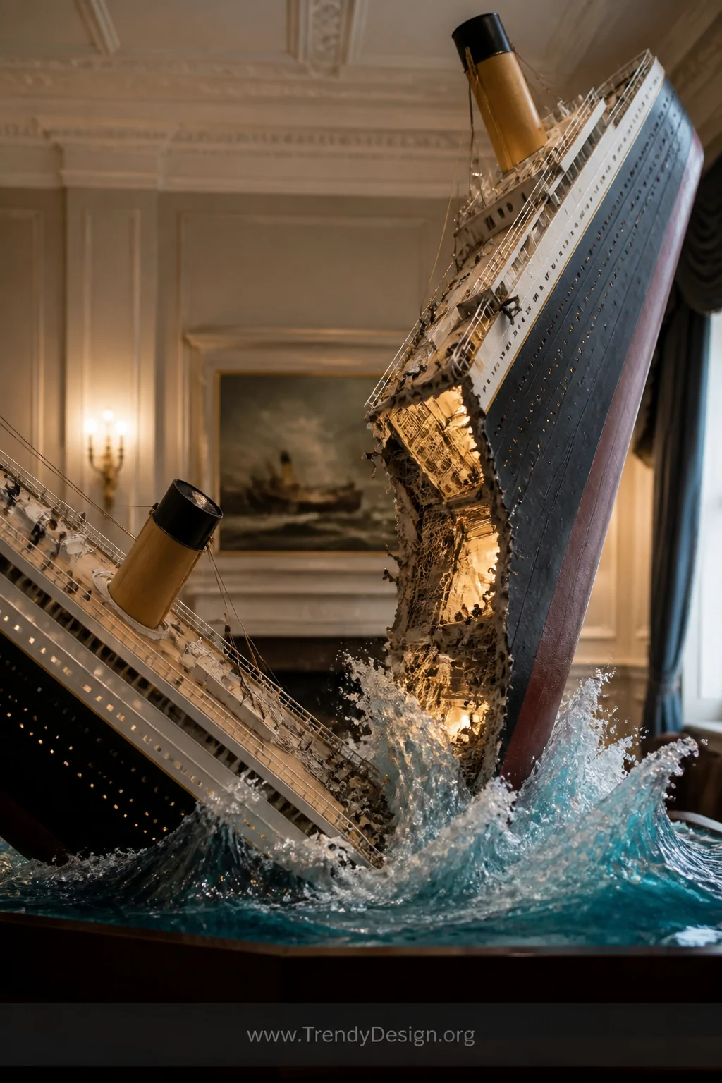 A wide dramatic shot of a split Titanic sinking diorama showing two separate hull sections   one angled steeply downward and 