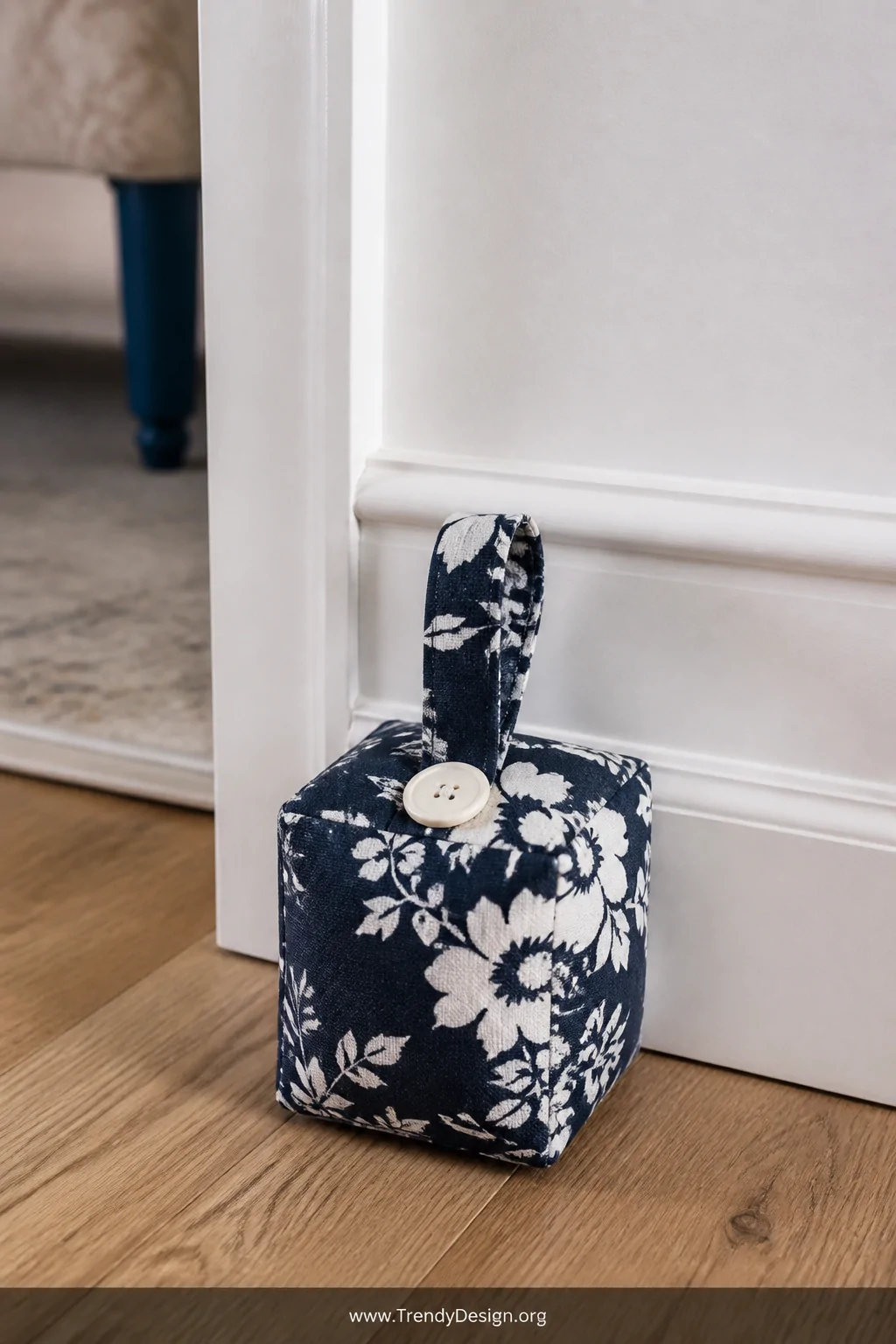 A close-up detail shot of a fabric doorstop in a cheerful navy and white floral cotton print, cube-shaped with a small looped