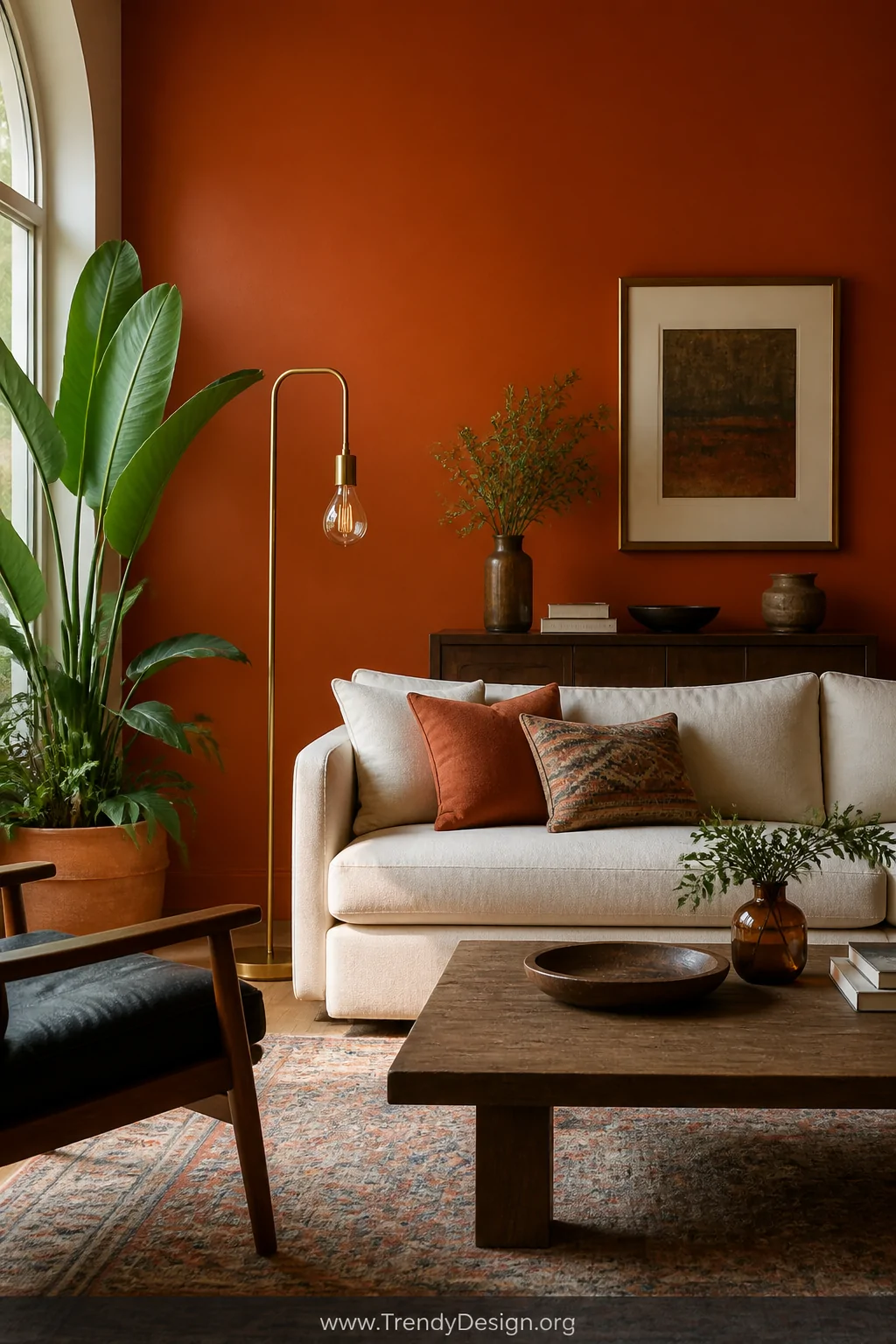 A wide room shot of a cozy living room featuring a bold terracotta-painted accent wall in a deep, warm rust-orange hue, ancho