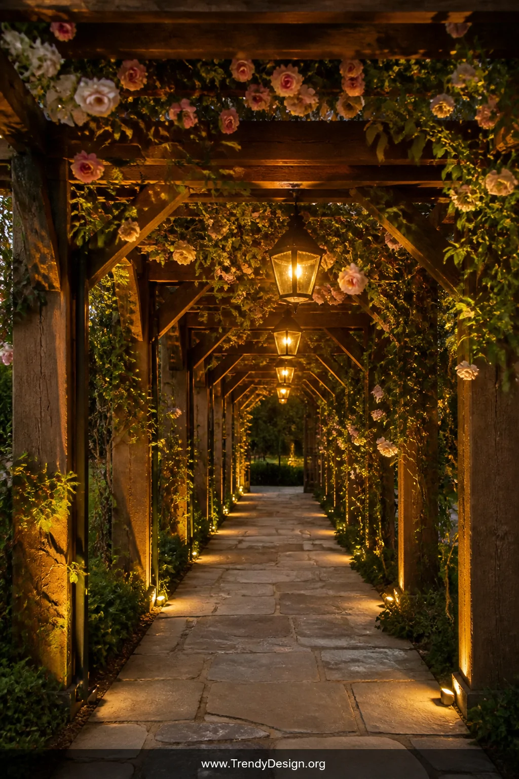 A medium shot of a rustic tunnel-style walkway canopy constructed from chunky pressure-treated pine beams with warm brown woo