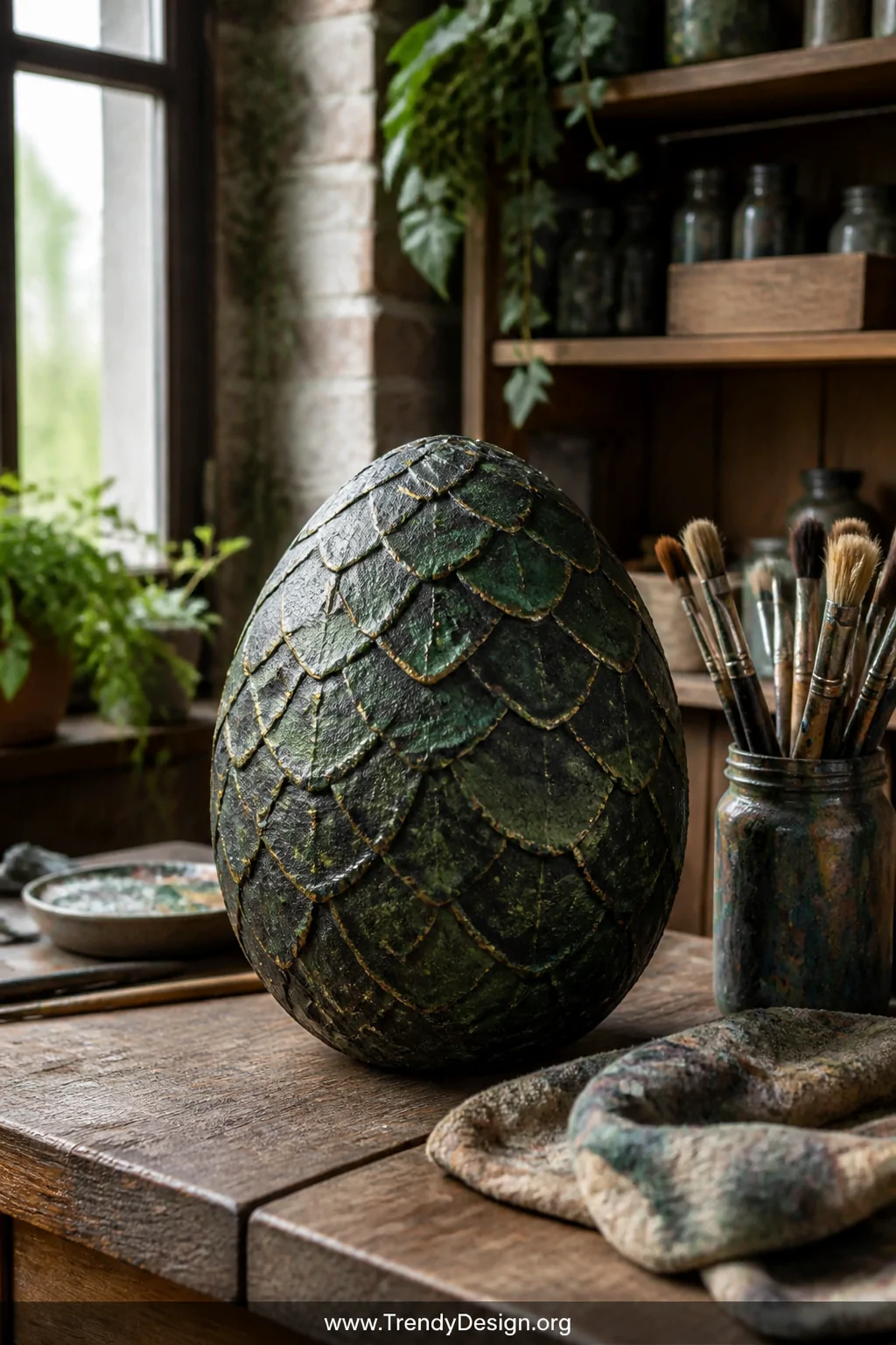 A medium interior shot of a textured papier-mâché dragon egg coated in sand-mixed acrylic paint in deep charcoal and forest g