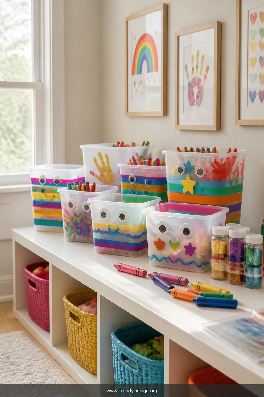 A bright and cheerful children's playroom corner with a collection of small plastic containers decorated in rainbow-colored t