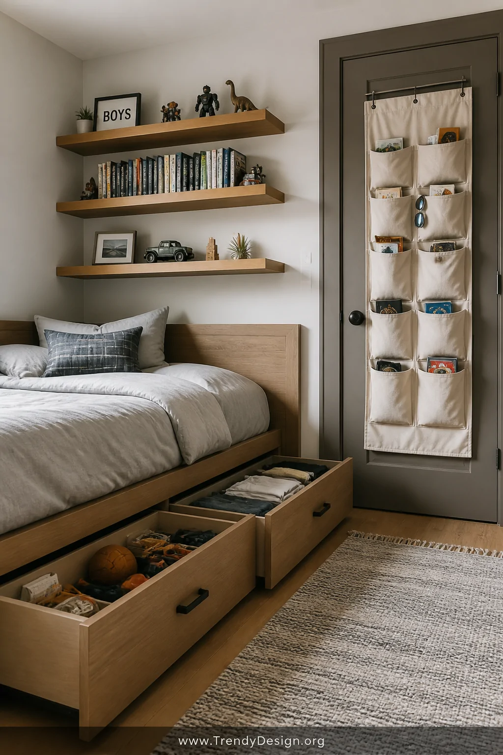 Photorealistic detail shot of smart built-in storage solutions in a boy's bedroom, showing a low wooden bed frame with deep p