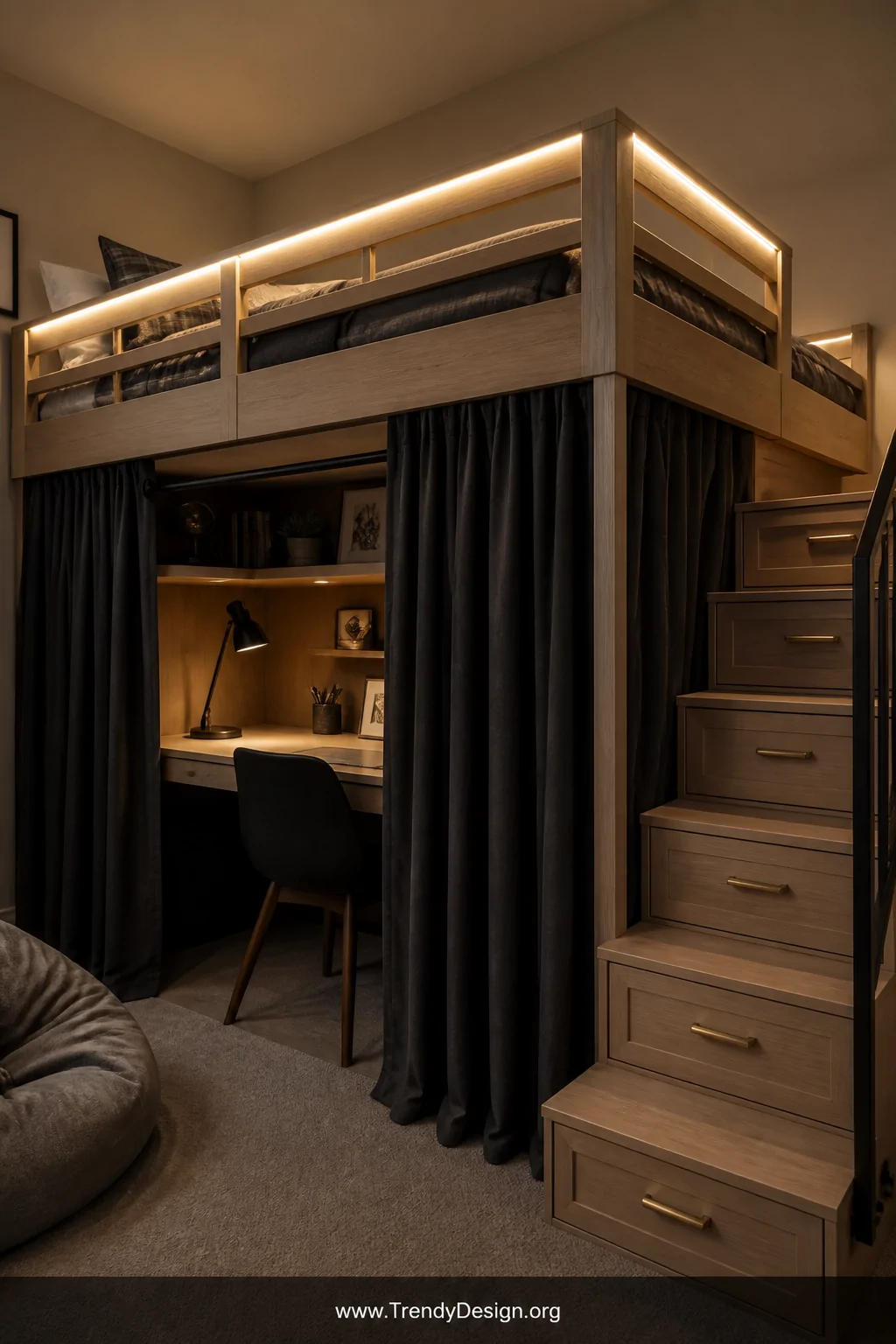 Medium shot of a wooden loft bed with a built-in desk underneath fitted with open shelving and a matte black task lamp, black