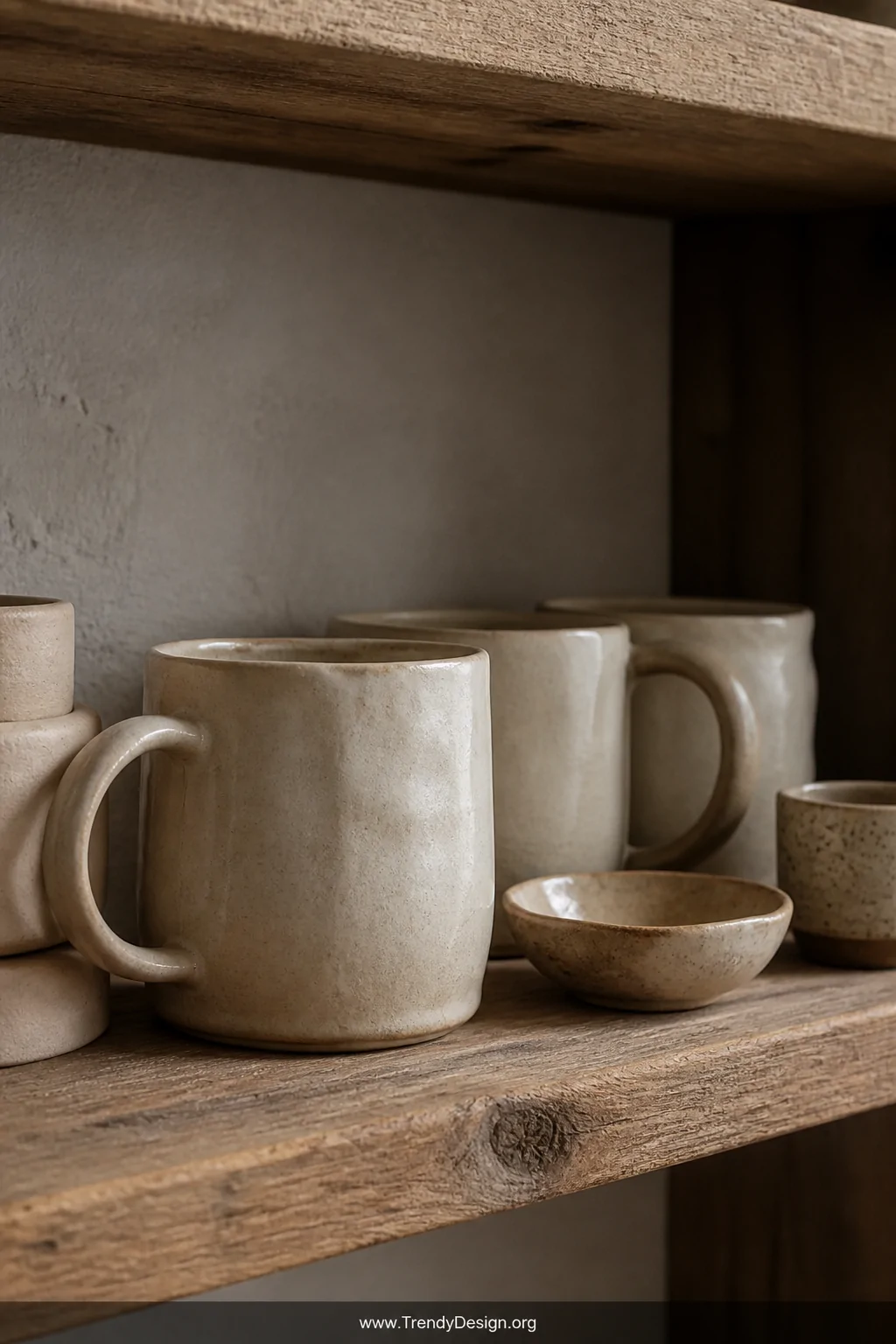 A close-up detail shot of handcrafted ceramic mugs with organic imperfect edges and a matte sandy-beige minimal glaze, arrang