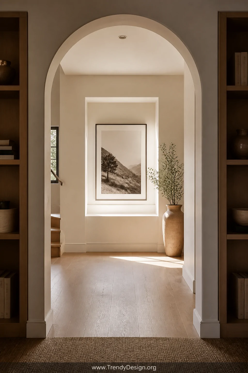 Medium shot looking through a wide interior doorway into a sunlit hallway where a framed photograph hangs inside a deep windo