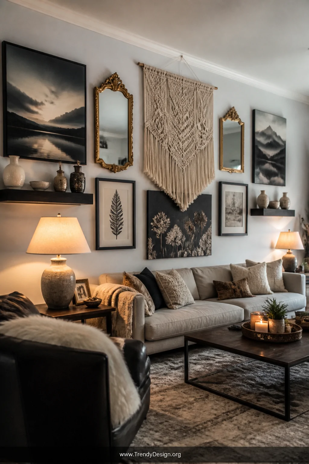 A dramatic living room gallery wall arrangement featuring oversized canvas prints, vintage gold-framed mirrors, and a large m