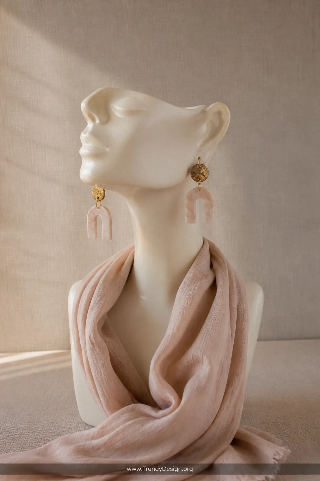 A medium eye-level shot of a smooth ceramic off-white jewelry bust wearing a loosely draped blush fabric scarf with a pair of